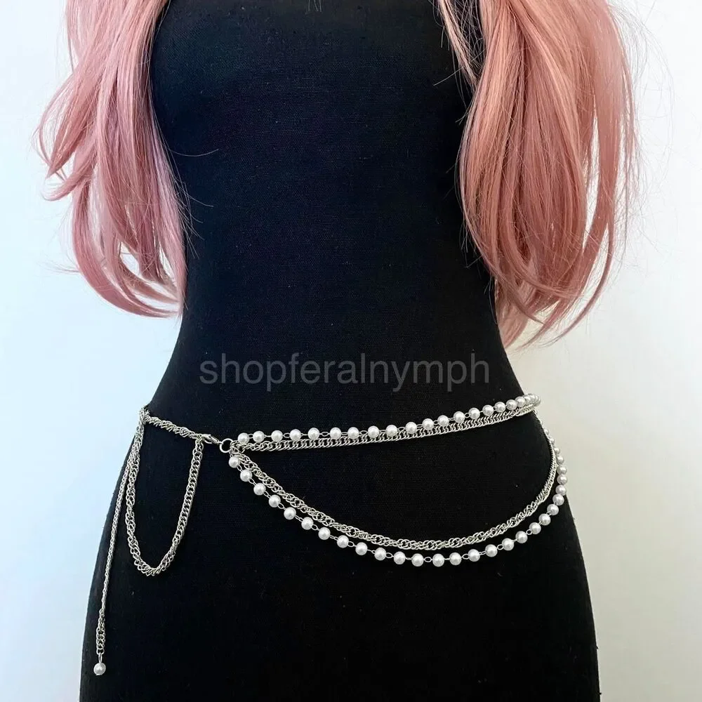 Silver Layered Faux Pearl Draped Waist Chain Belt, Fits 11-39 Inches, X7GA1346